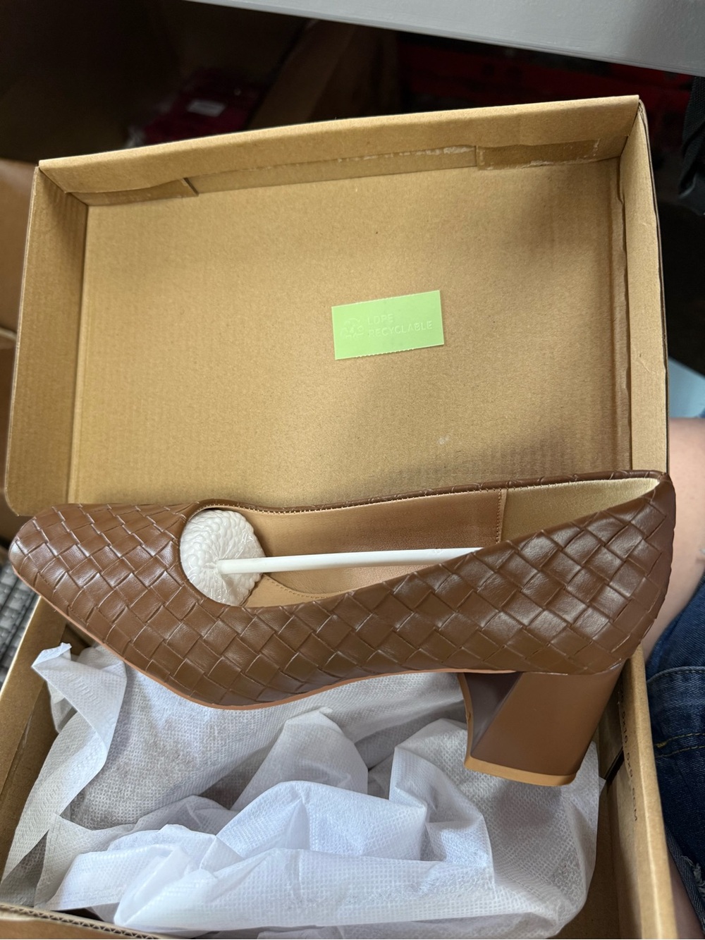 Woven Block Heel Pumps in Brown